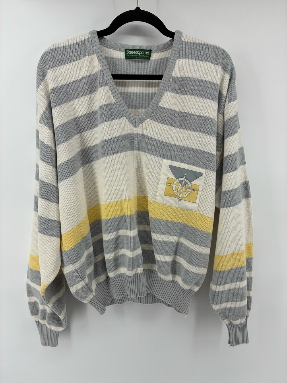 Vintage Nautical V-Neck Striped Sweater in Gray, White & Yellow